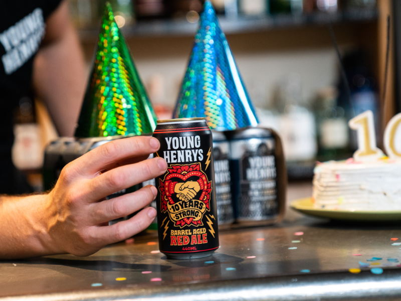 Young Henrys 10 Years Strong Red Ale can with birthday cake
